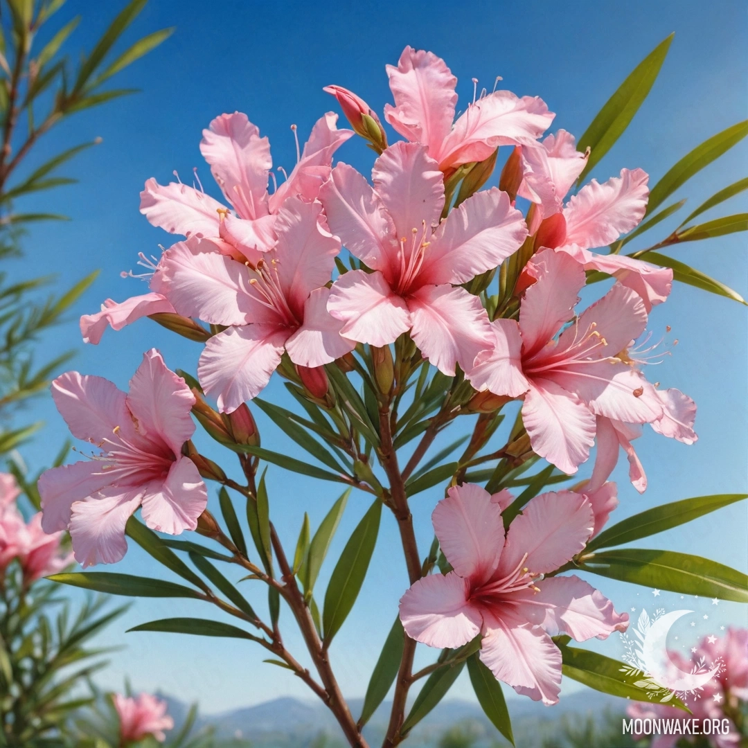 Акварельная картина с изображением красивого олеандра с узорами солнечных лучей в небесно-синих тонах.