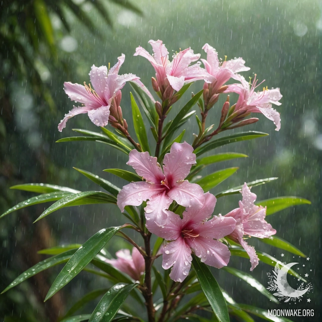 Прекрасный олеандр, окруженный каплями дождя и солнечными лучами.