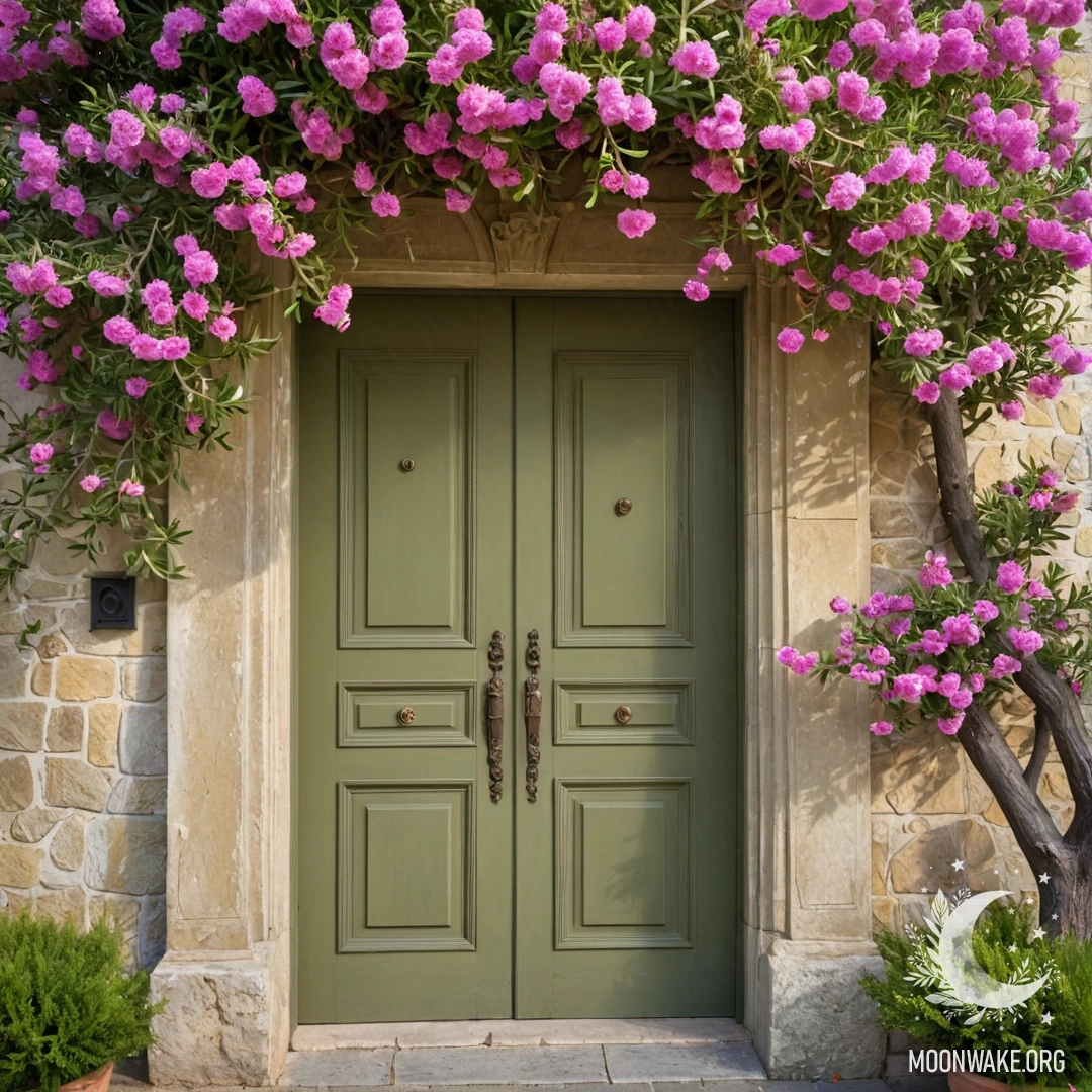 Красивая оливковая дверь под деревом, усыпанным розовыми цветами.