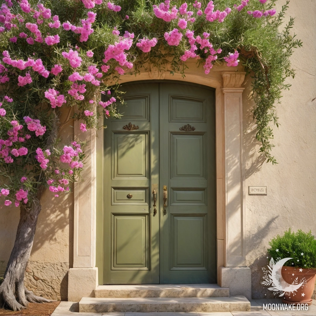 Красивая оливковая дверь под деревом, усыпанным розовыми цветами, освещенная солнечными лучами.
