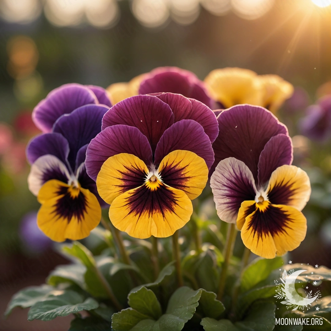 Красивый букет анютиных глазок кофейного цвета на закате.