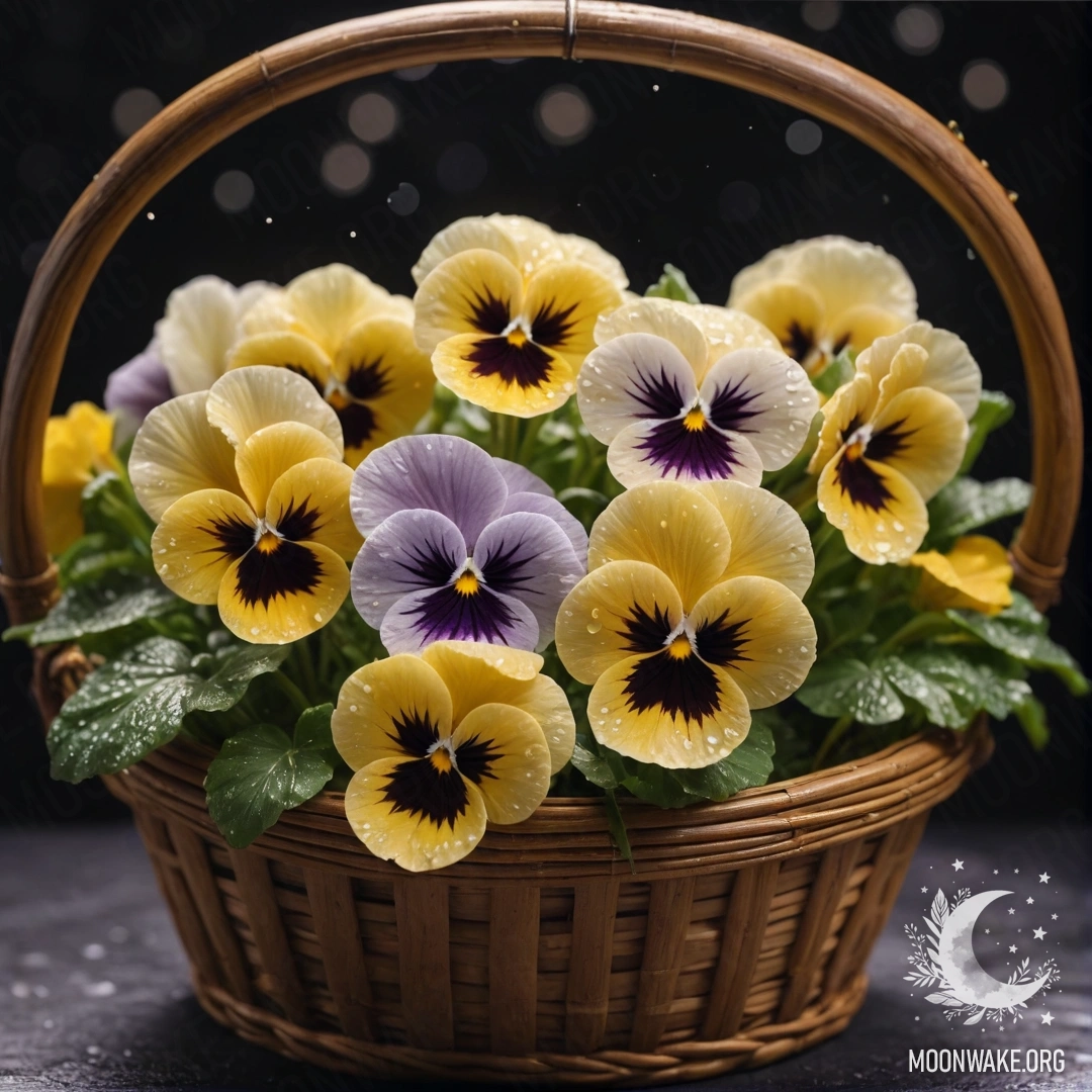 Завораживающее изображение кремово-желтых анютиных глазок с каплями росы в корзине ночью.