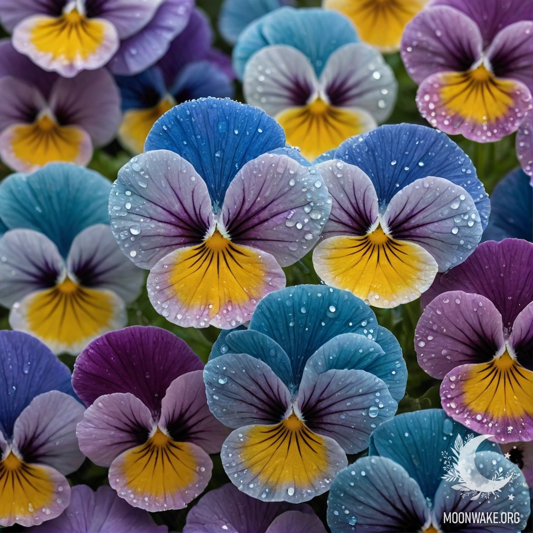 Уютная композиция из ярких анютиных глазков, украшенных каплями росы на фоне заката, с зелеными и голубыми оттенками.