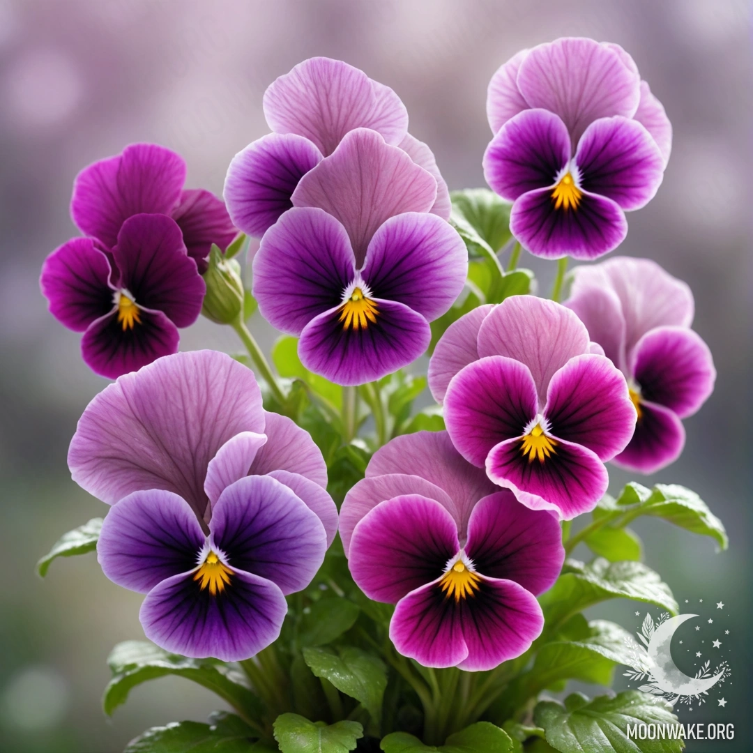 Букет фуксийных анютиных глазок, окруженный нежным туманом.