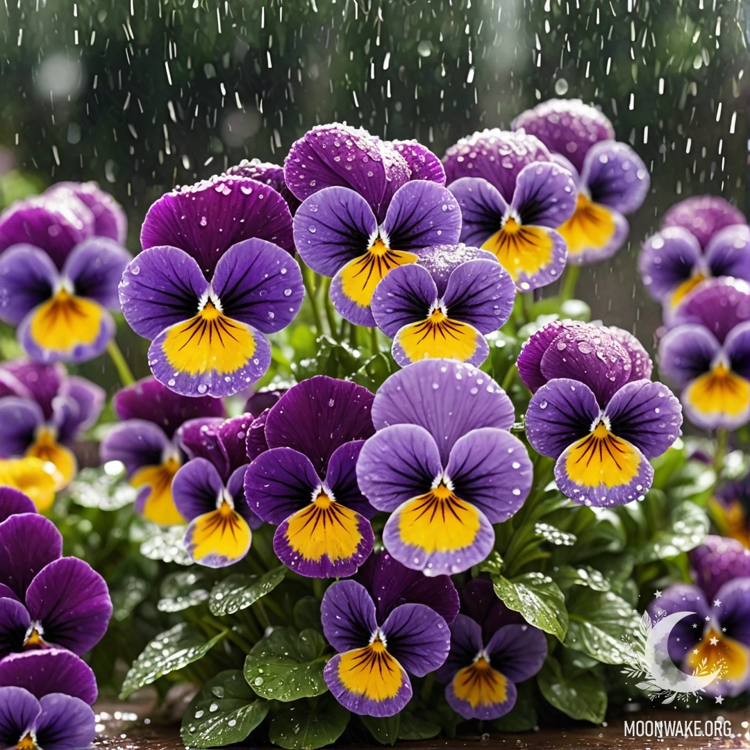 Близкий план пурпурных анюток с каплями дождя и солнечными лучами, пробивающимися сквозь облака.