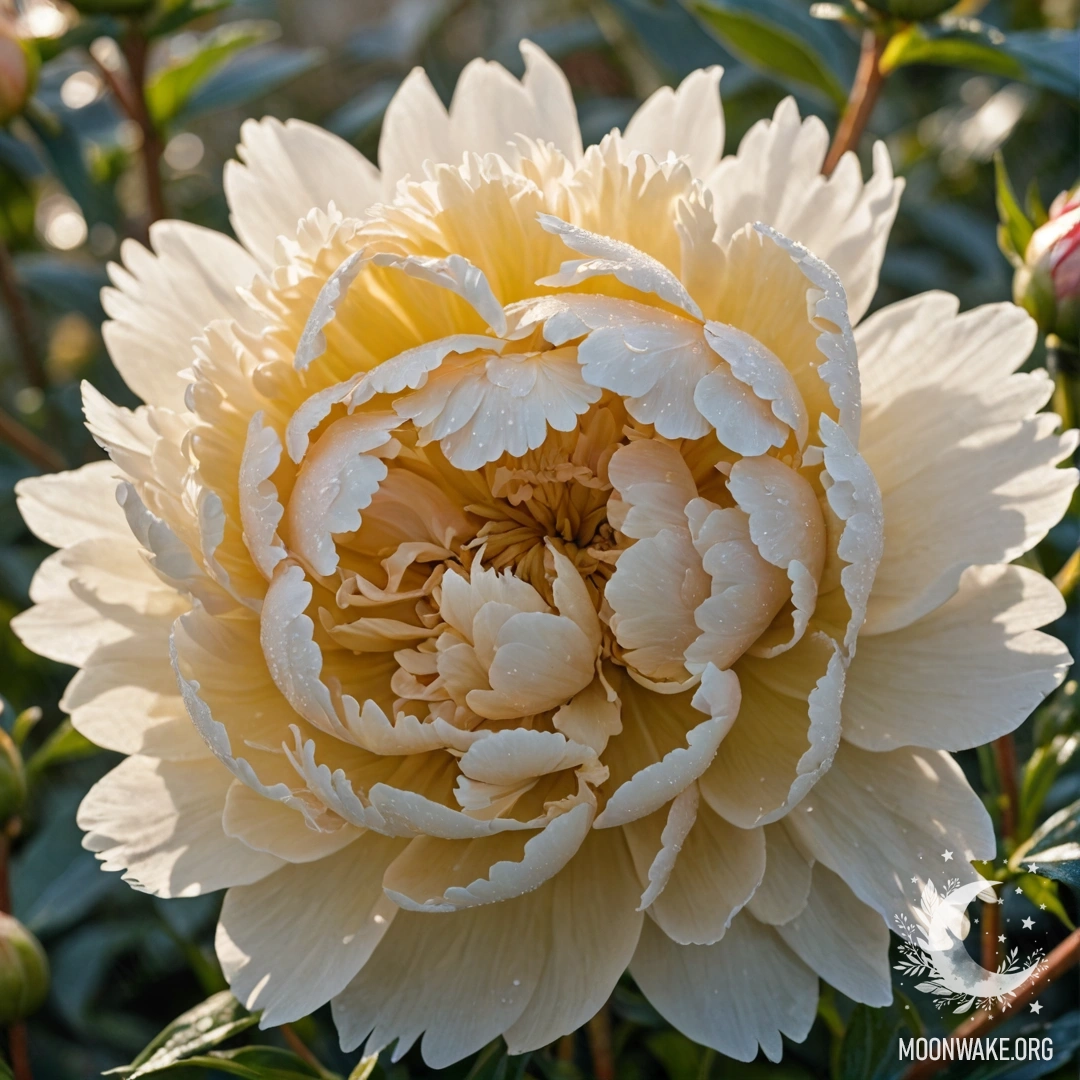 Красивый пион цвета крем-желтый, покрытый морозом и залитый солнечными лучами.