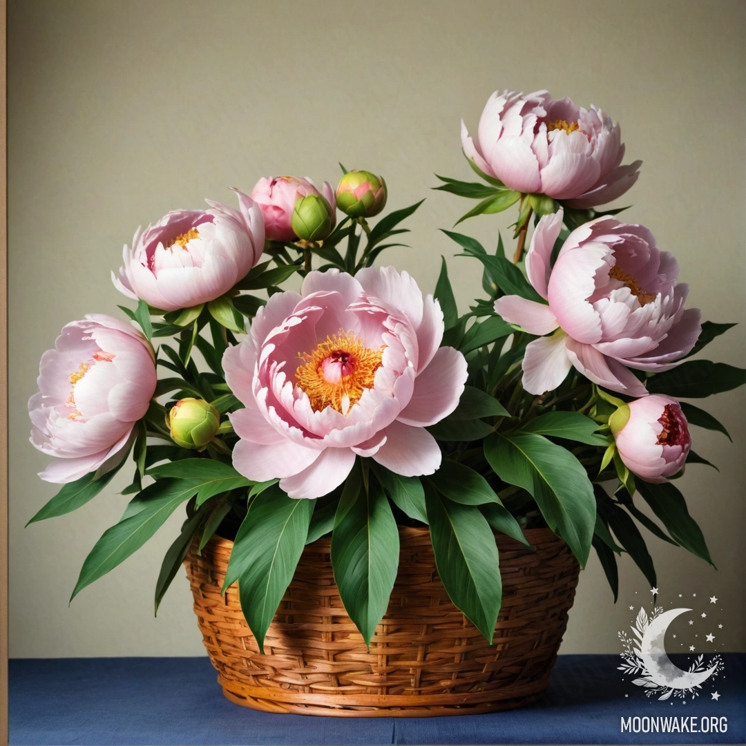 Красивый цветок пиона, купающийся в солнечных лучах в зеленой корзине.