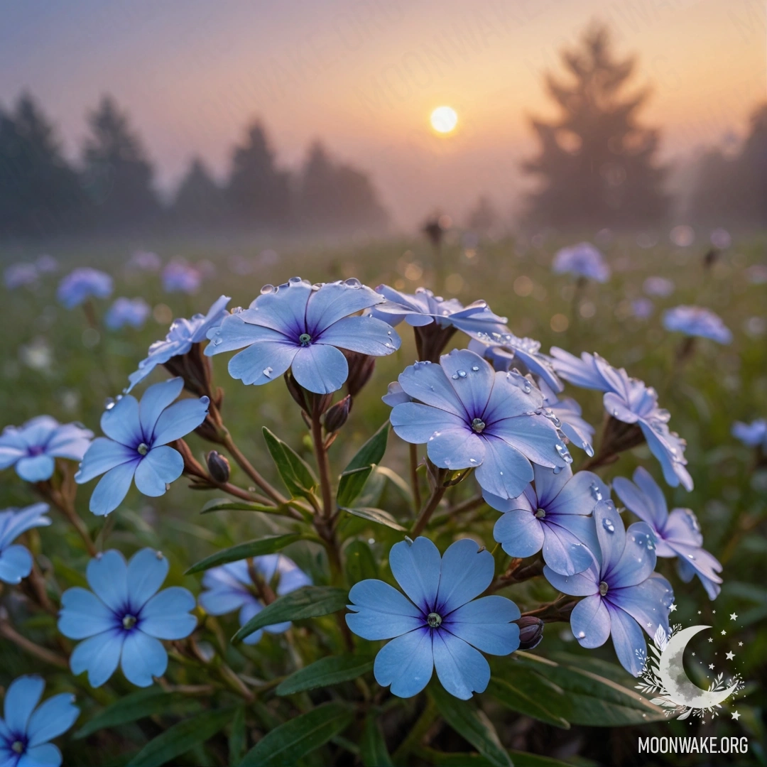 Спокойное изображение красивых цветов флокс в тумане на закате, украшенное стразами.