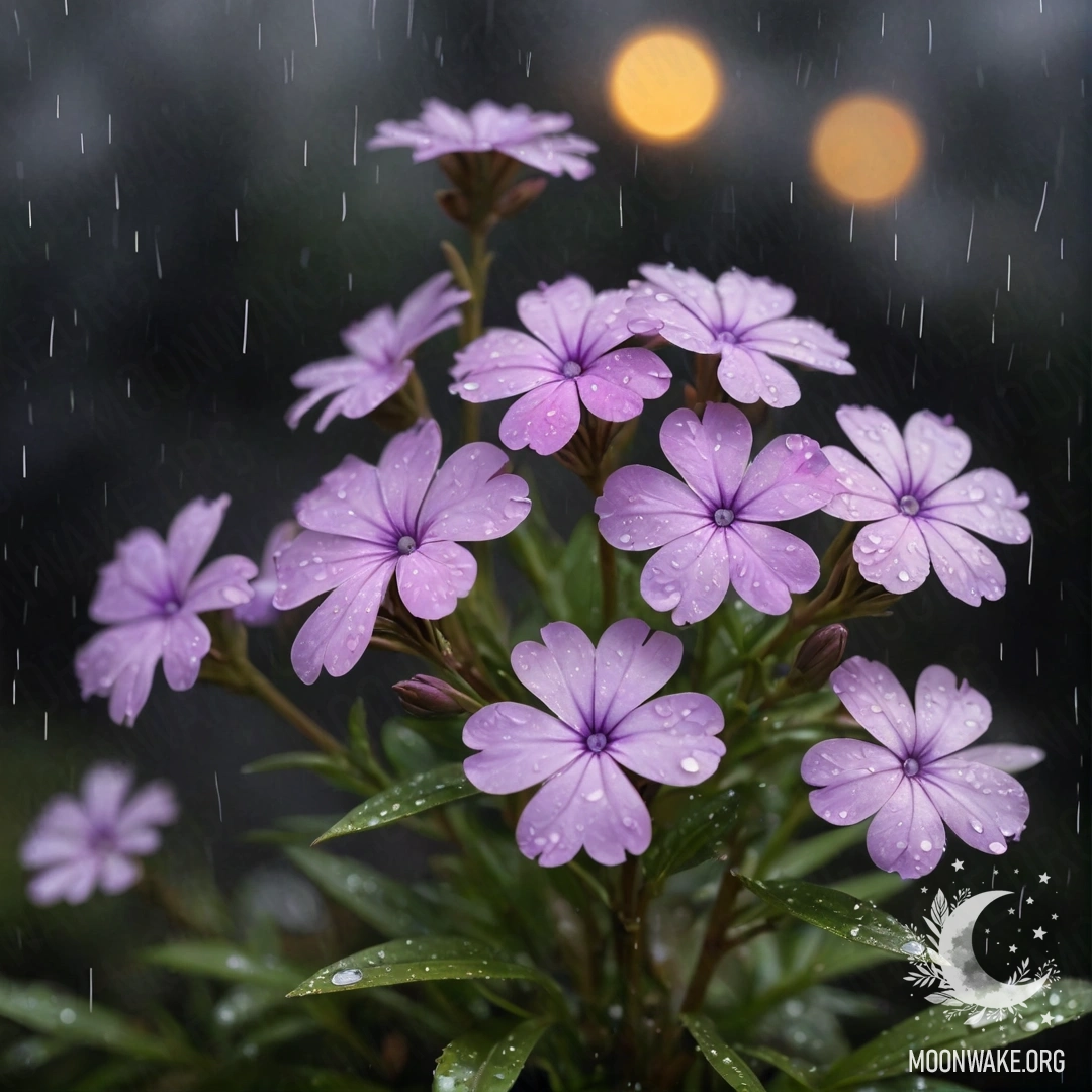 Цветы флокса золотого цвета в тумане и дожде ночью