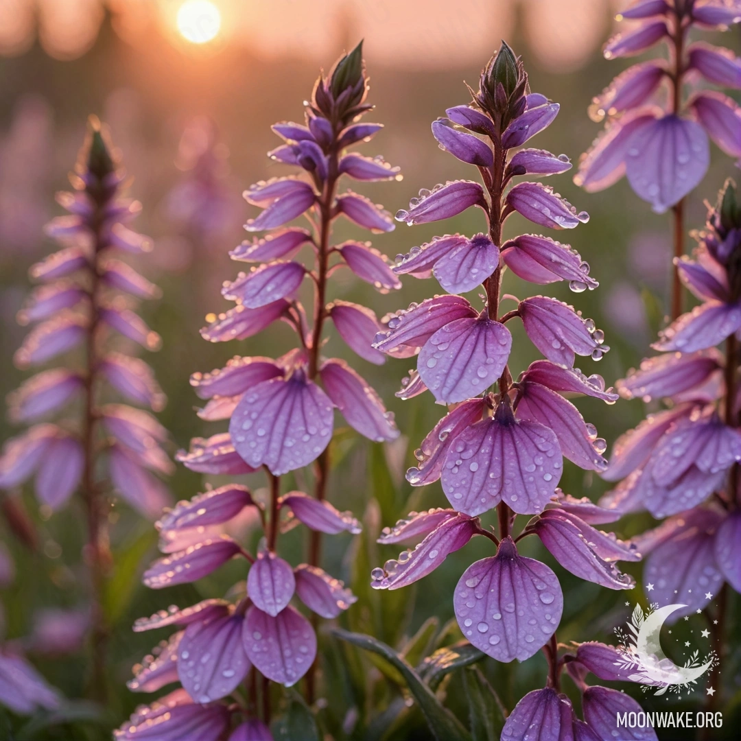 Нежная розовая лобелия, украшенная росинками на закате солнца.