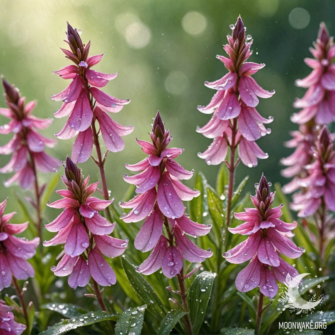 Букет розовых лобелий, украшенный капельками росы под солнечными лучами.
