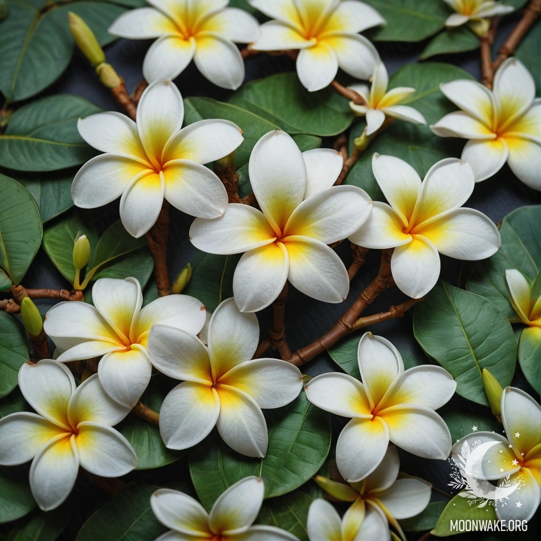 Красивый зеленый фон с цветами плюмерии в стиле укиё-э.