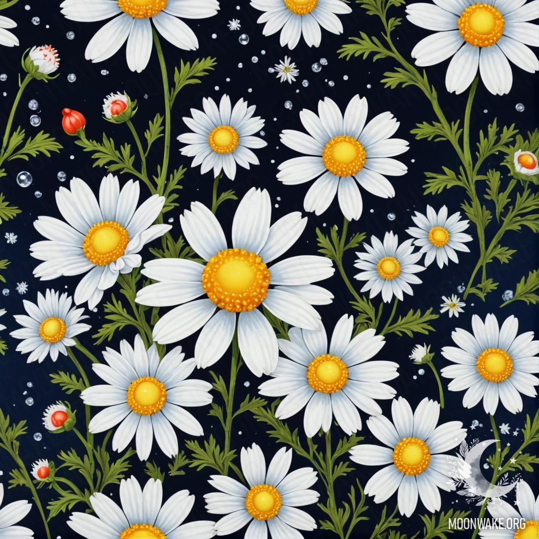 Восхитительное изображение красной ромашки, украшенной стразами, на ночном фоне в стиле укиё-э.