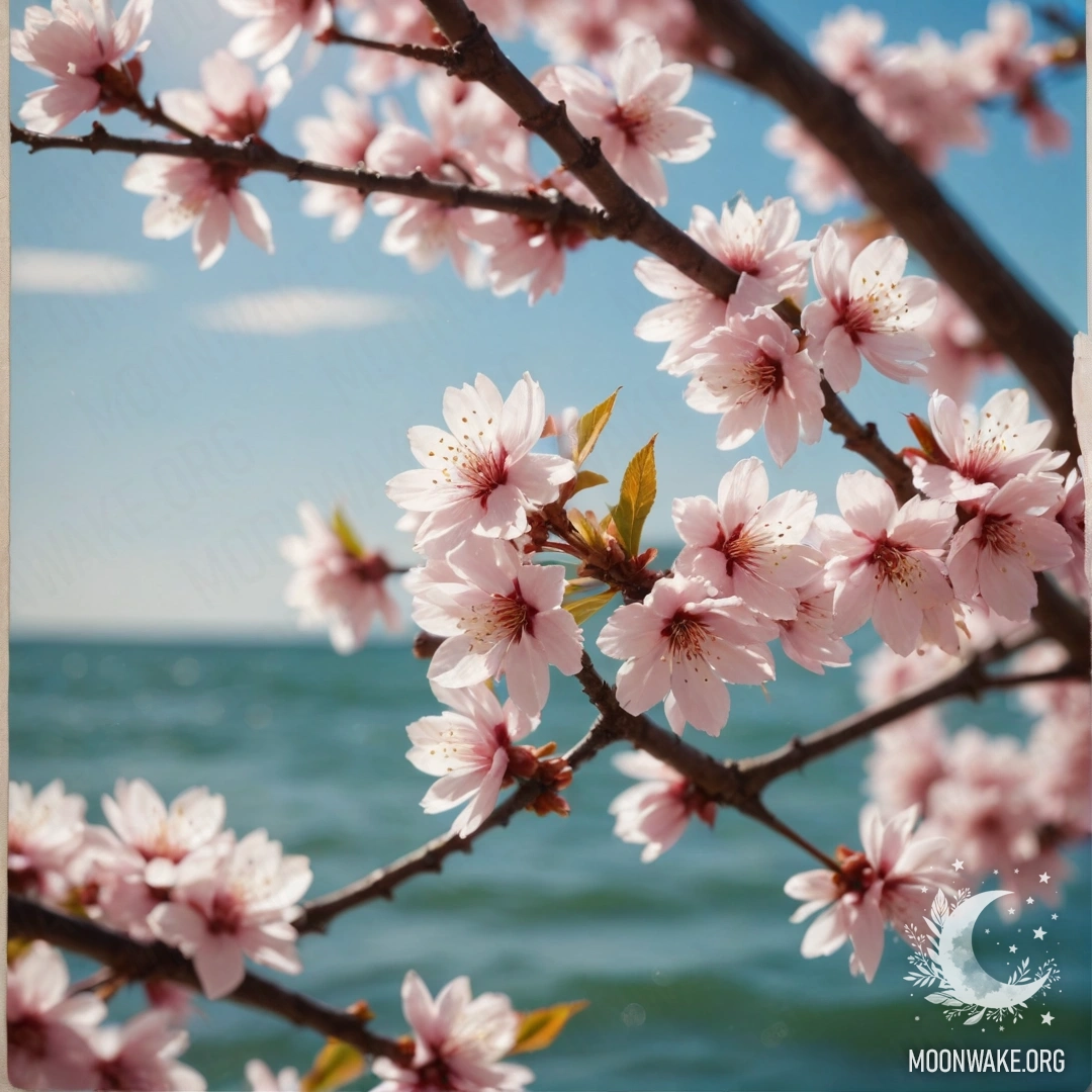 Спокойная сцена с прекрасными сакурами, украшенными узорами, напоминающими морские волны, ослепительно освещенными солнечными лучами.