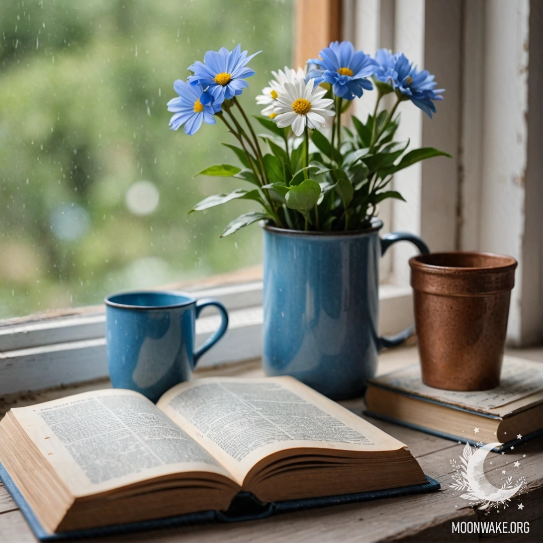 Фотореалистичное изображение старых потёртых синих дверей с букетом маков в ручке ночью.