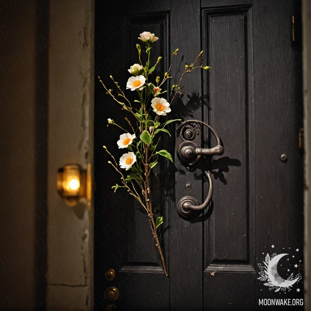 Ветхие двери, украшенные веточками и цветами в ночное время.