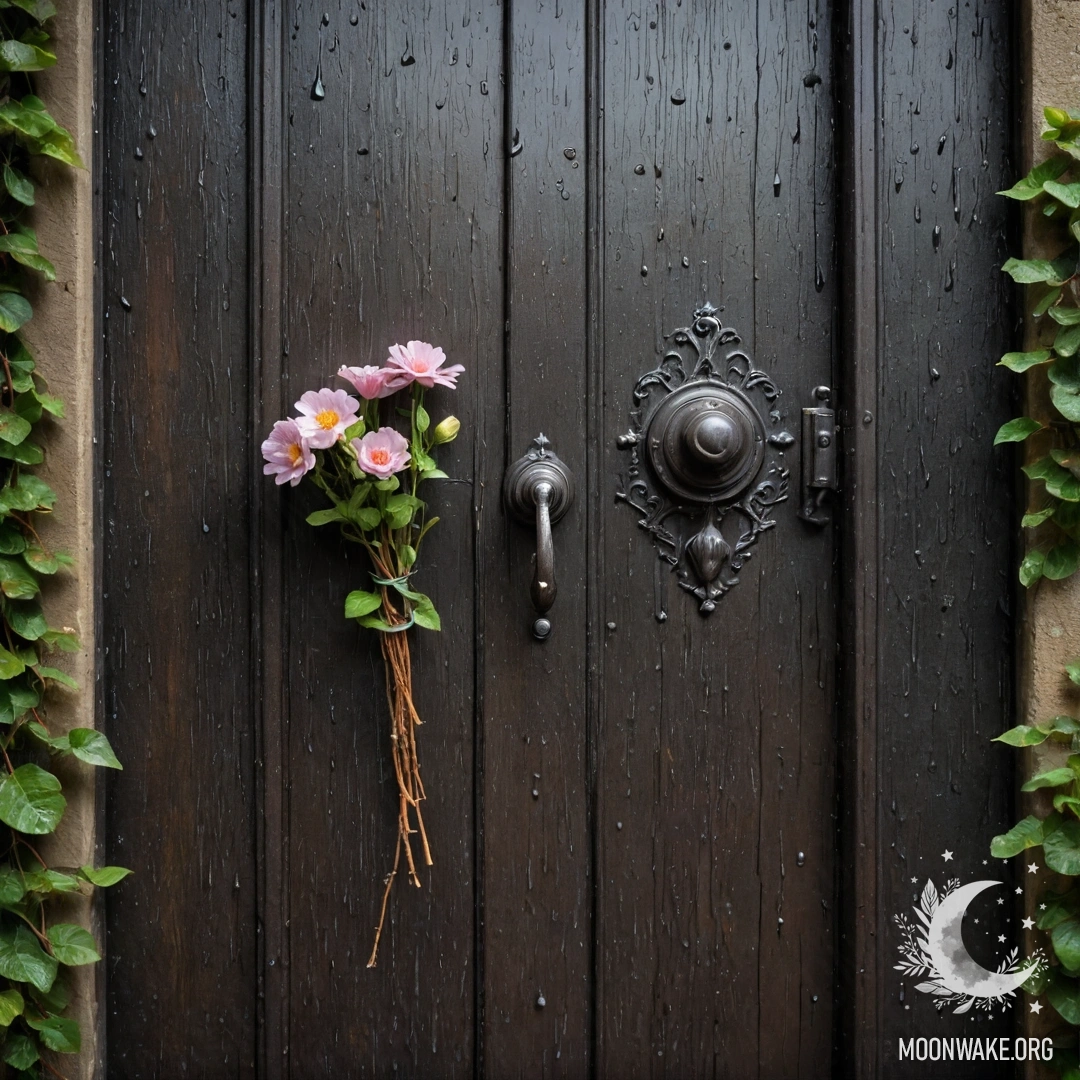 Обшарпанная дверь, украшенная веточками и цветами на ручке, капли дождя стекают по поверхности.