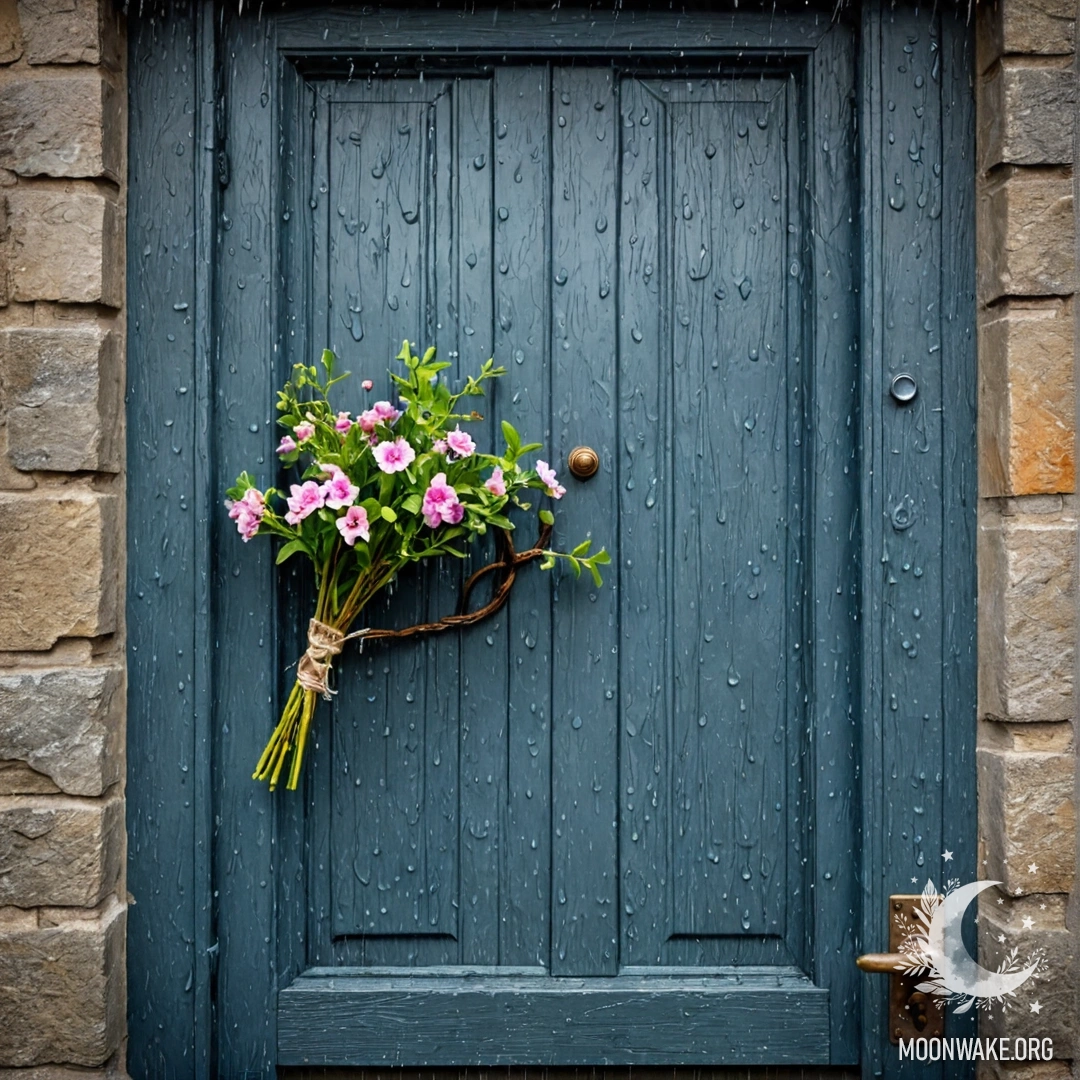Старые двери, украшенные веточками с цветами на ручке, дождливая сцена.