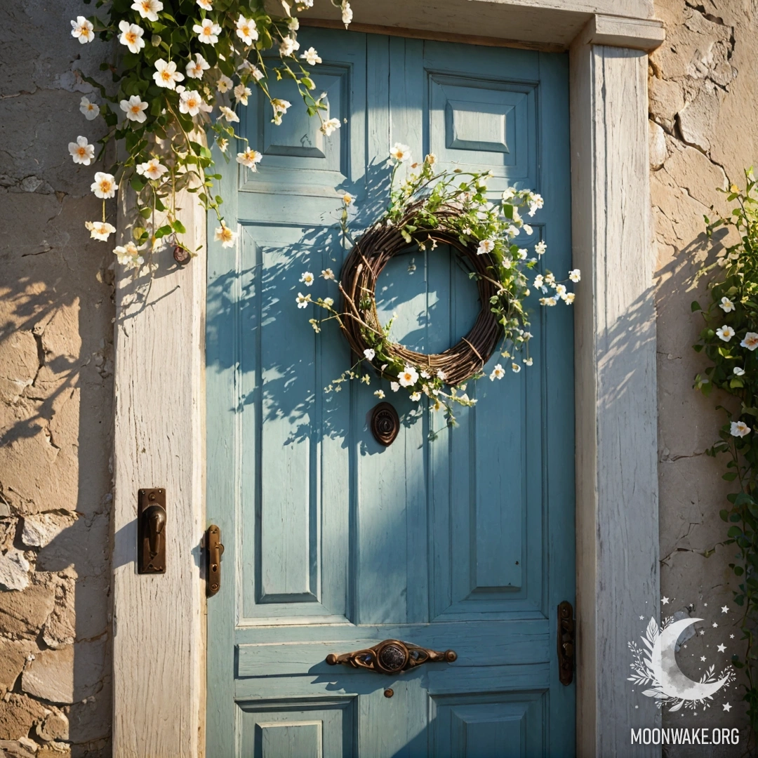 Старые двери, украшенные веточками и цветами на ручке, залитые солнечными лучами.