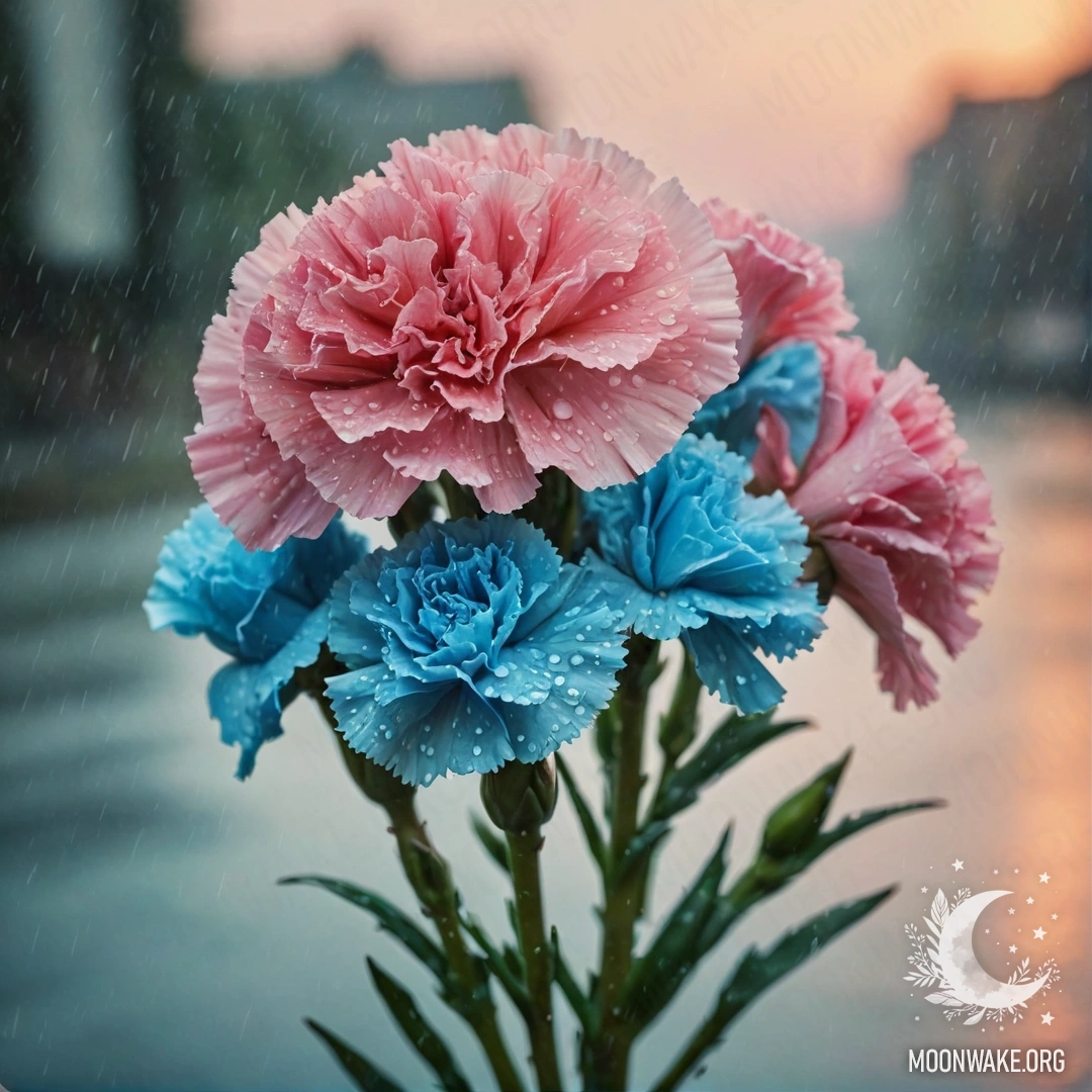 Красивая композиция из гвоздик небесно-голубого цвета под дождем на закате.