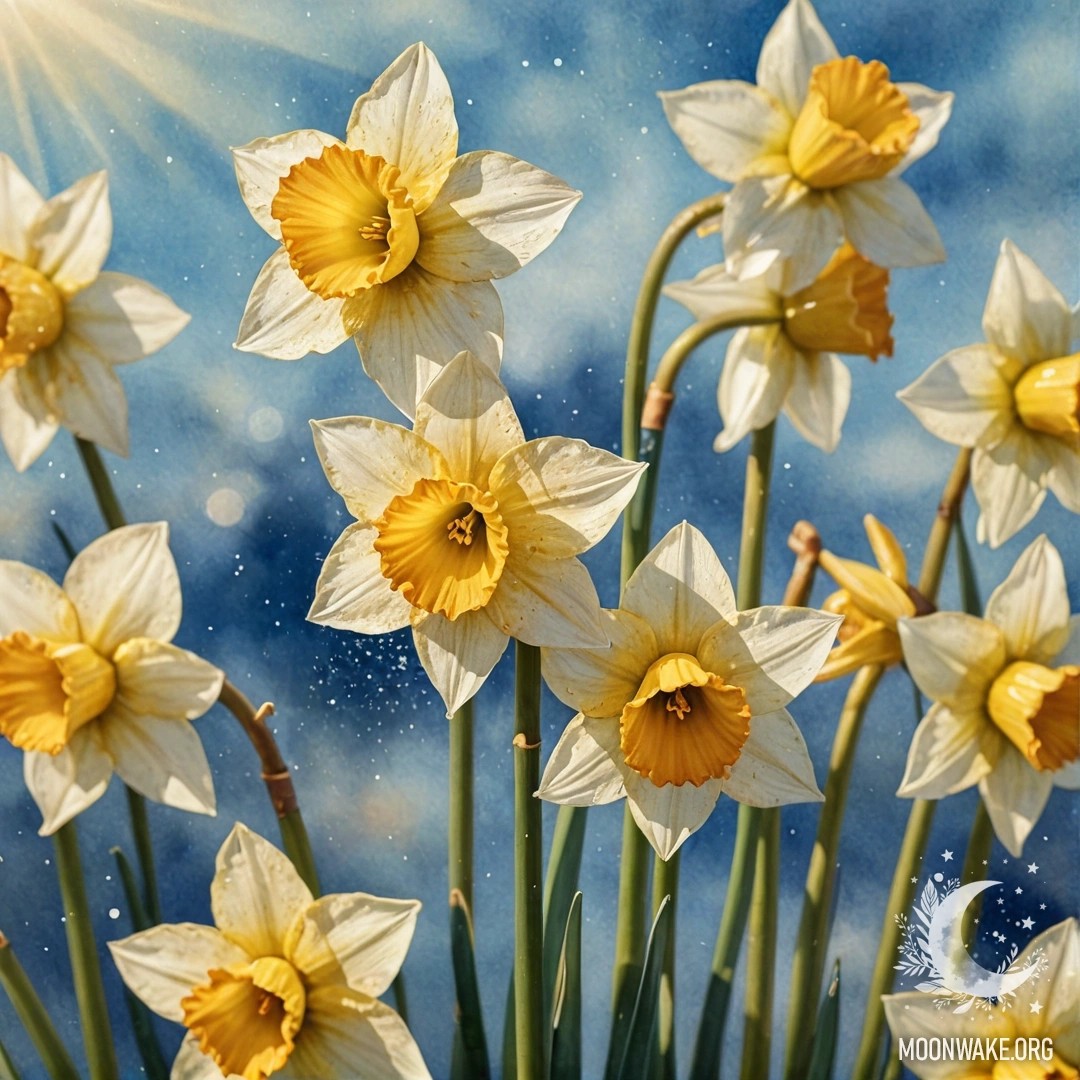 Красивый нарцисс небесно-голубого цвета, освещённый солнечными лучами, украшенный блёстками.