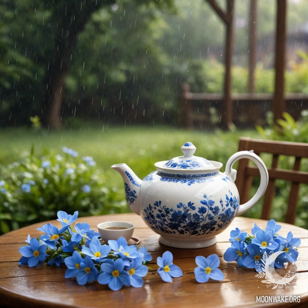 Круглый деревянный стол с фарфоровым чайником, наполненным голубыми цветами под дождём.