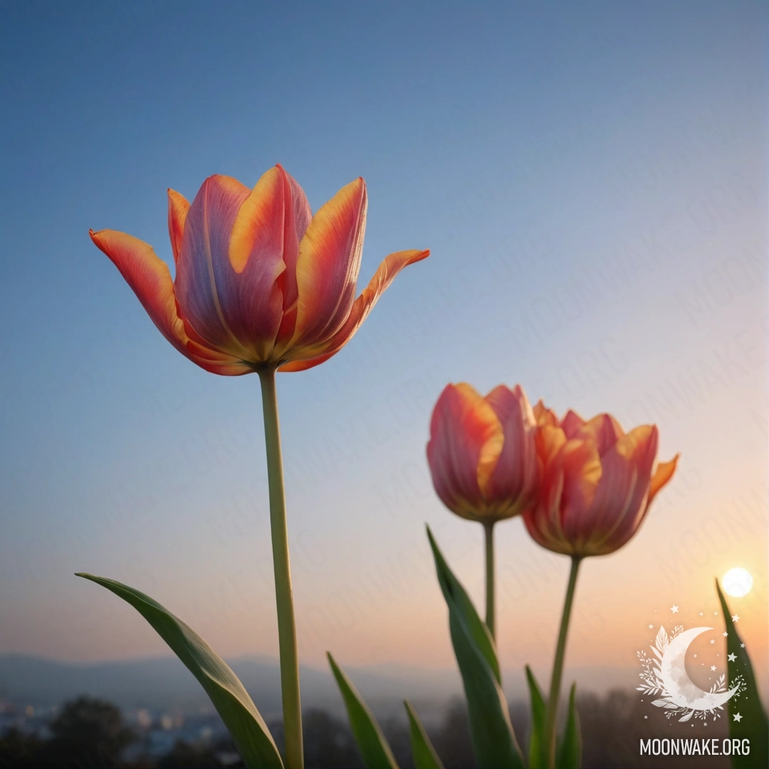 Красивая тюльпан, возникающий из тумана на фоне заката.