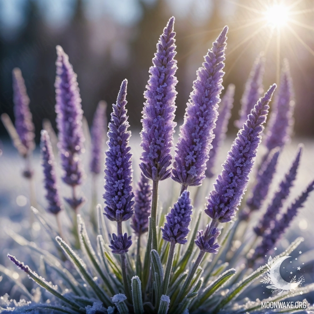 Нежный букеты фиолетовых цветов, покрытых инеем, освещённый солнечными лучами.