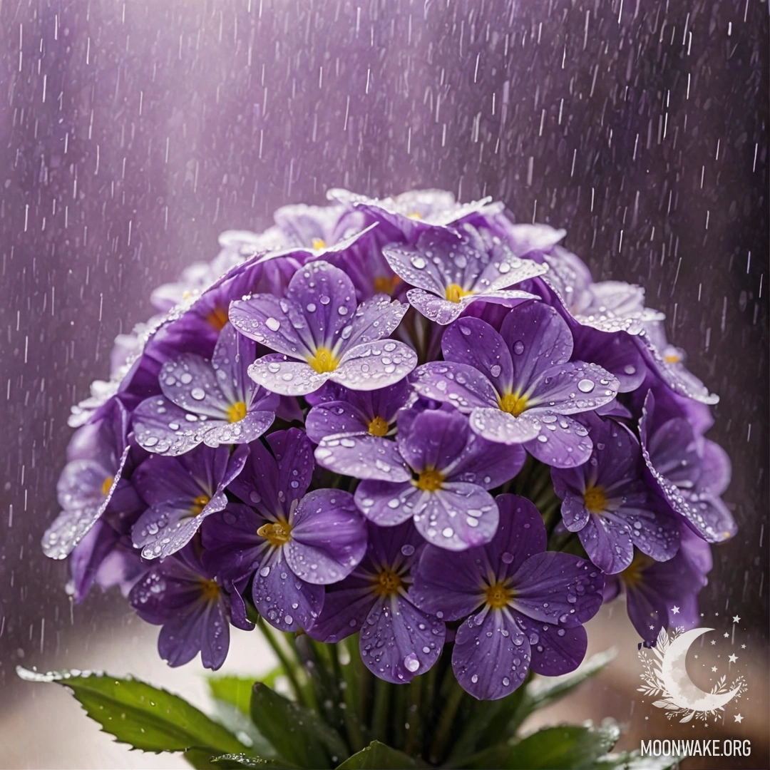 Яркий букет фиолетовых цветов под дождем, с солнечными лучами, освещающими лепестки.