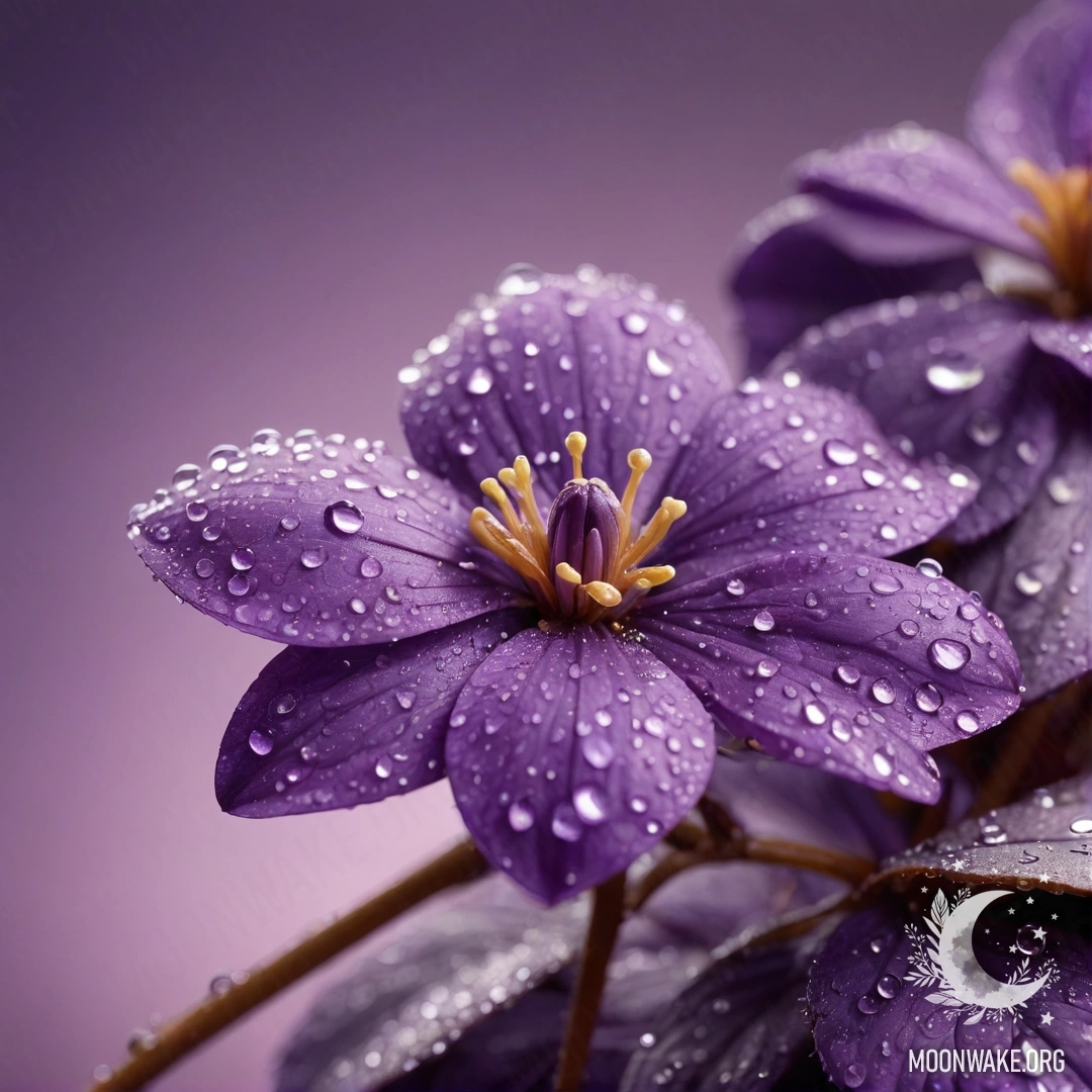 Красивый фиолетовый цветок, украшенный росинками и блестками, в кофейных оттенках.