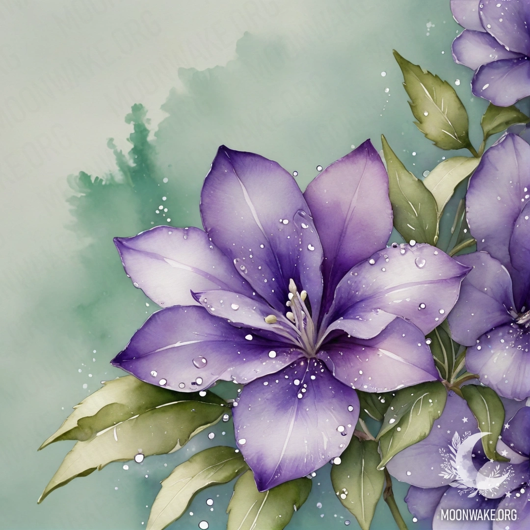 Акварельная картина фиалки, украшенной стразами, в оттенках шалфея.