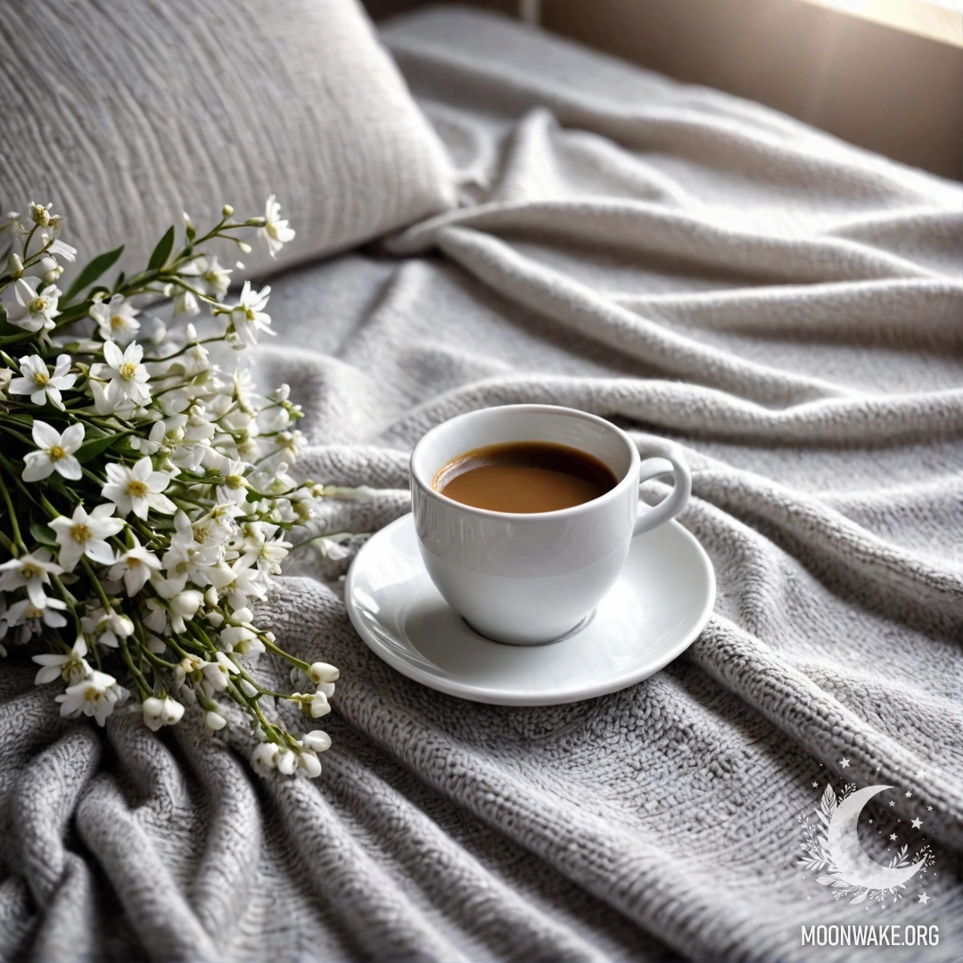 Крупный план красивого белого кресла, украшенного серым вязаным пледом, книгой, веткой с белыми цветами и белой кружкой кофе, освещенной солнечными лучами.