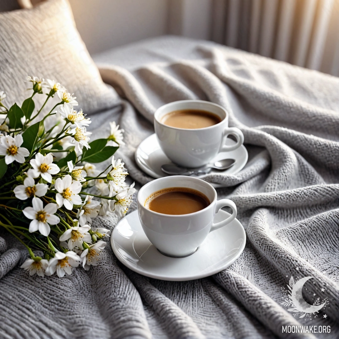 Крупный план белого кресла с серым вязаным пледом, книгой, веткой с белыми цветами и чашкой кофе, освещённый солнечными лучами.