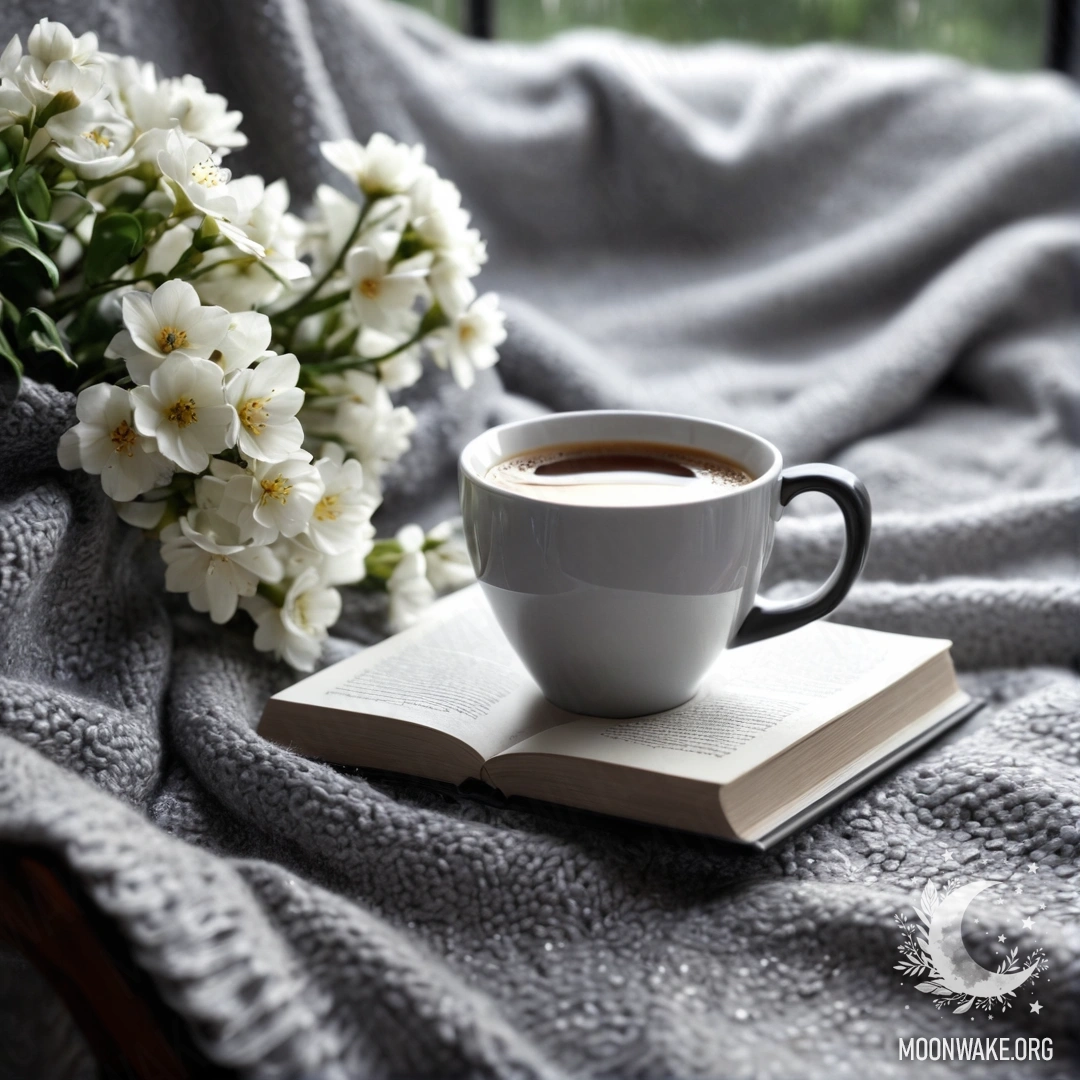 Крупный план красивого белого кресла, на котором лежит серый вязаный плед, книга, веточка с белыми цветами и белая чашка кофе под дождем.