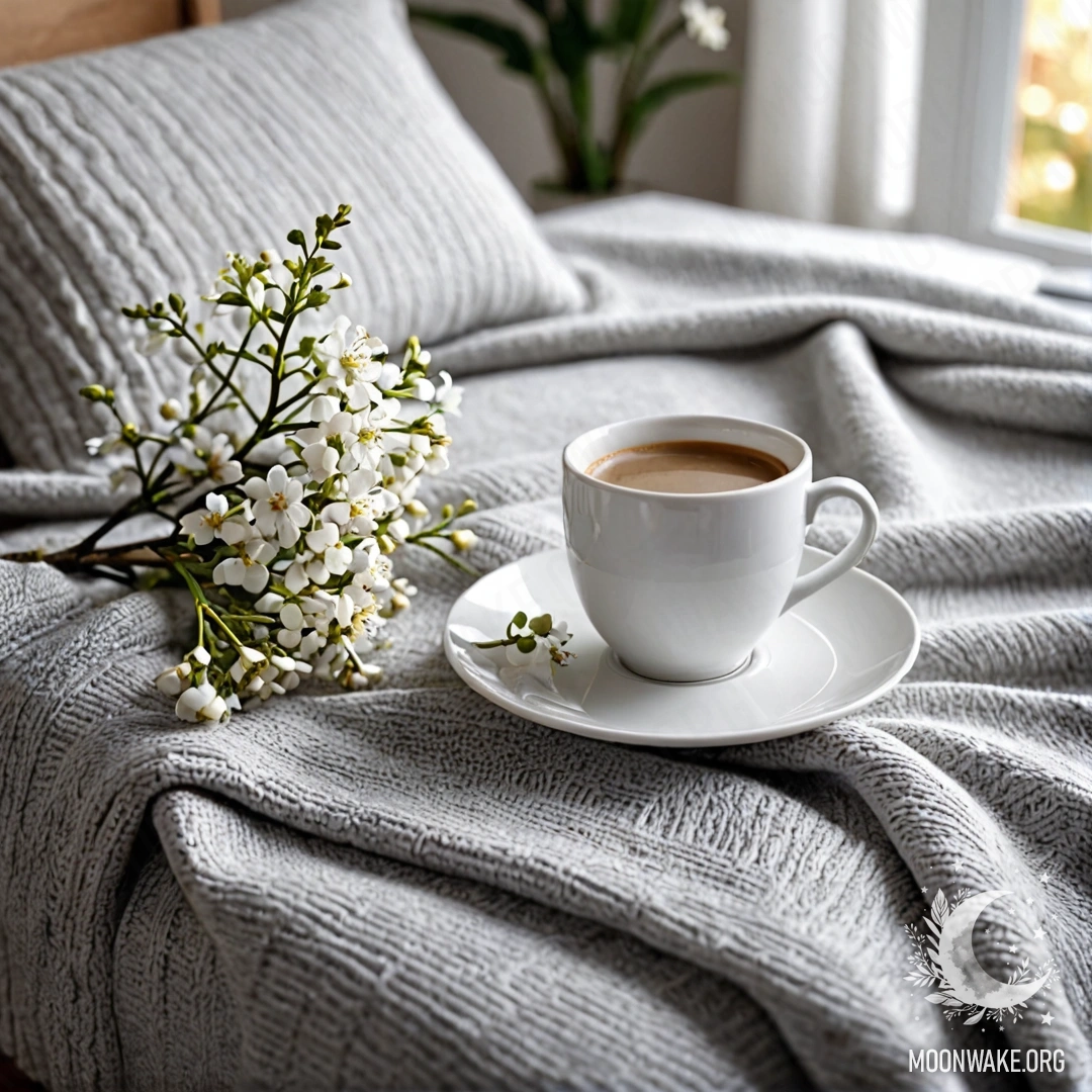 Крупный план очаровательного белого кресла, на котором лежит серый вязаный плед, книга, ветвь с белыми цветами и чашка кофе, освещенные солнечными лучами.