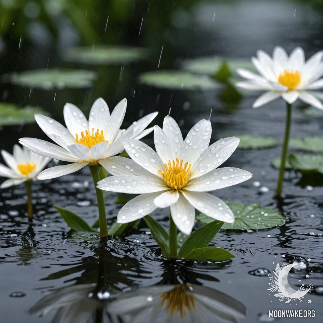 Спокойная картина с нежными белыми цветами, плавающими на поверхности воды, омываемая легким дождем.
