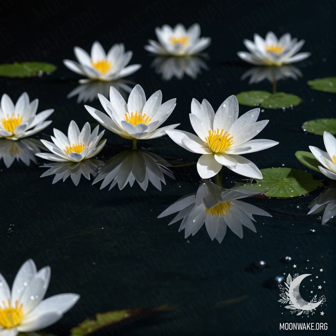 Спокойный вид на прекрасные белые цветы, плавающие на поверхности воды ночью.