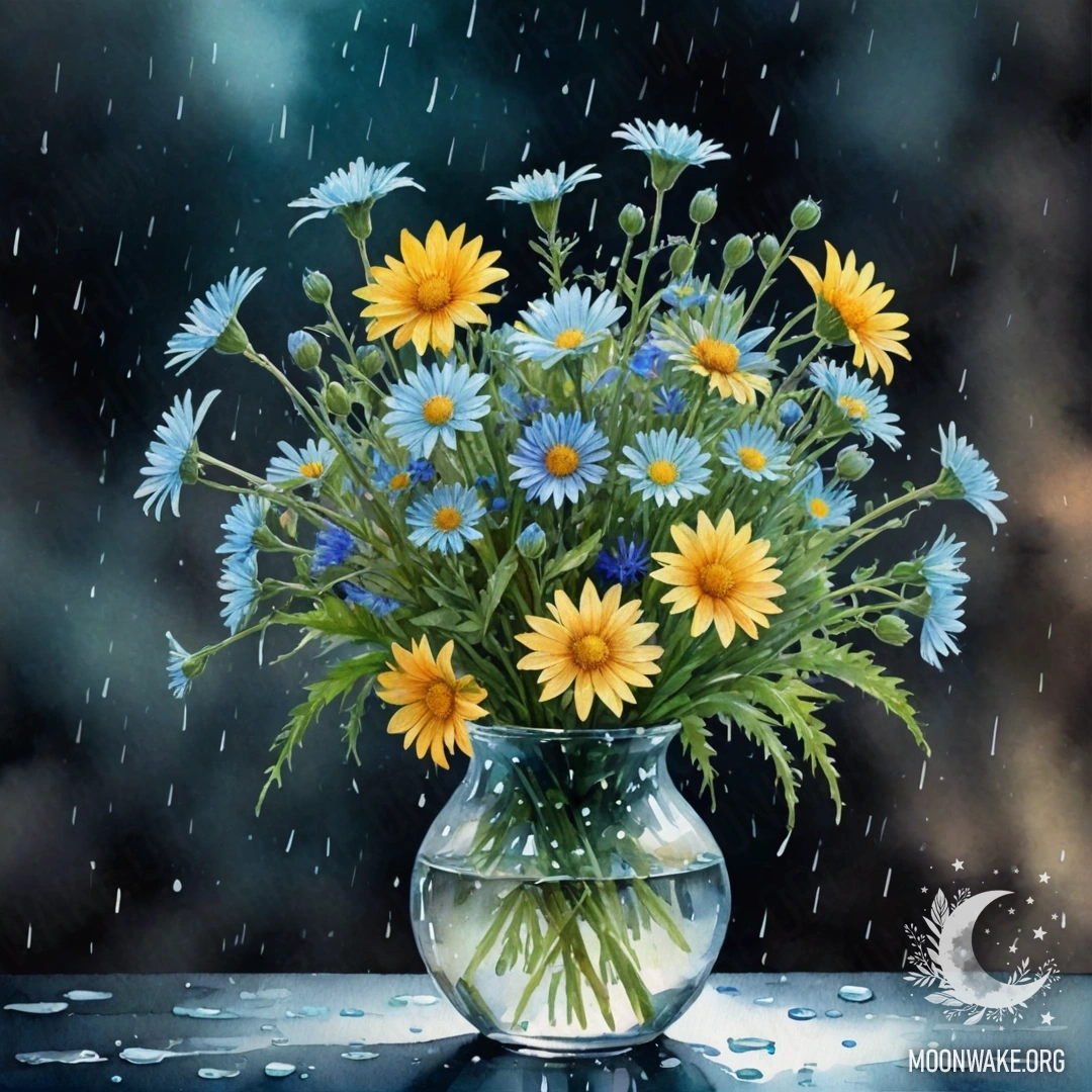 Ваза с красивыми полевыми цветами под дождем ночью.