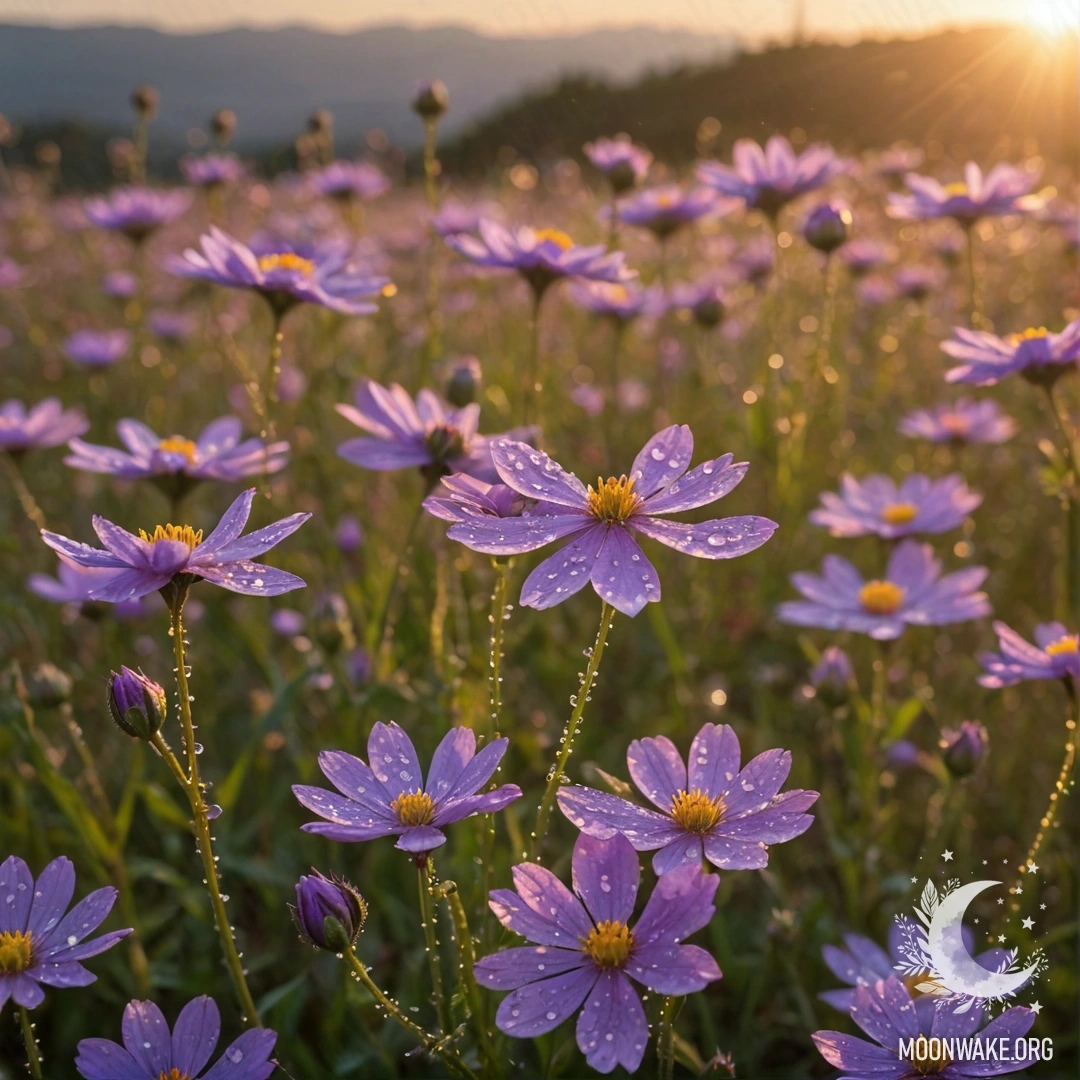 Поле пурпурных полевых цветов, покрытых каплями росы на закате.