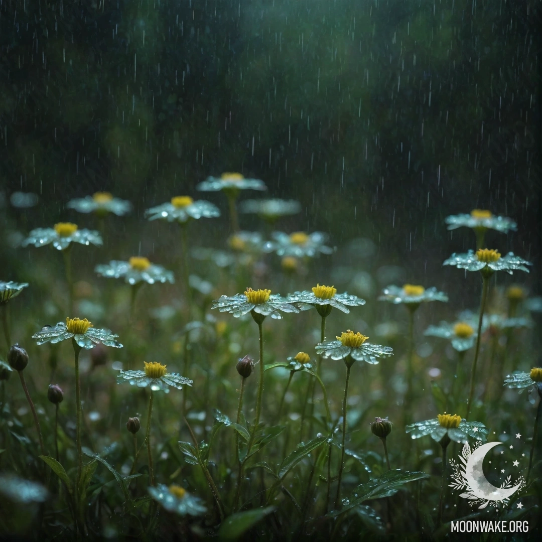 Ошибительно красивый пейзаж зеленых диких цветов под дождем ночью, украшенный стразами.