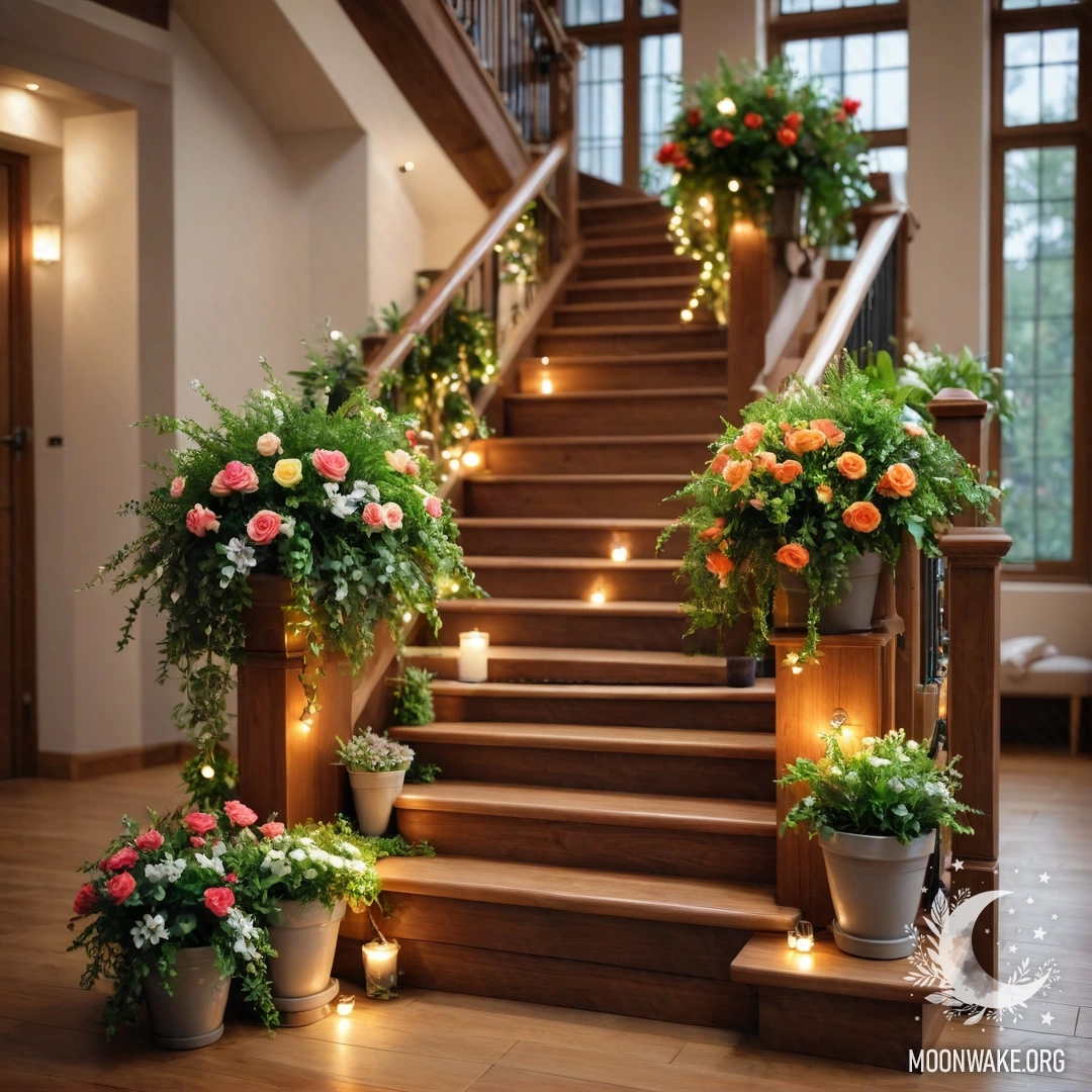 Живописная деревянная лестница, украшенная цветочными горшками и мерцающими гирляндами.