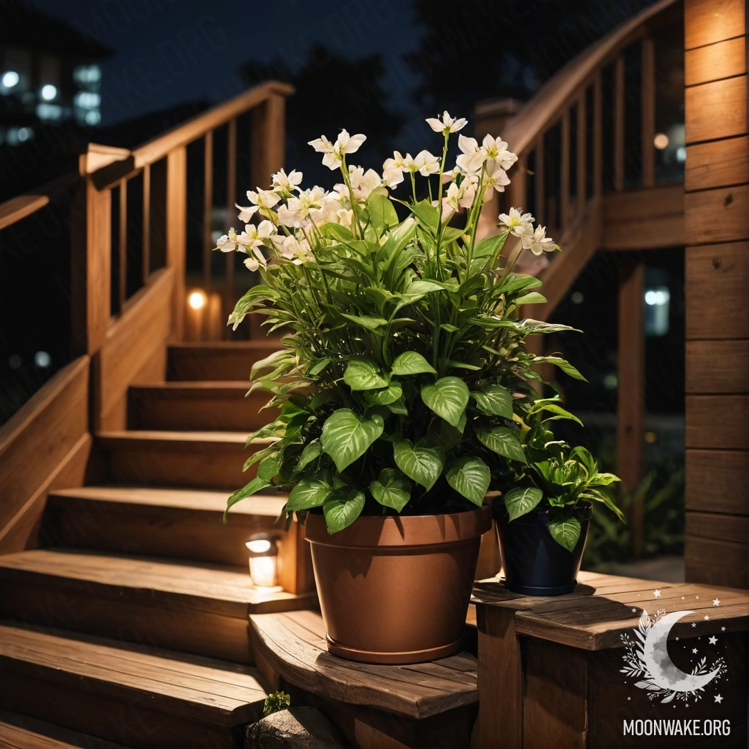 Деревянная лестница, украшенная цветочными горшками в ночное время.