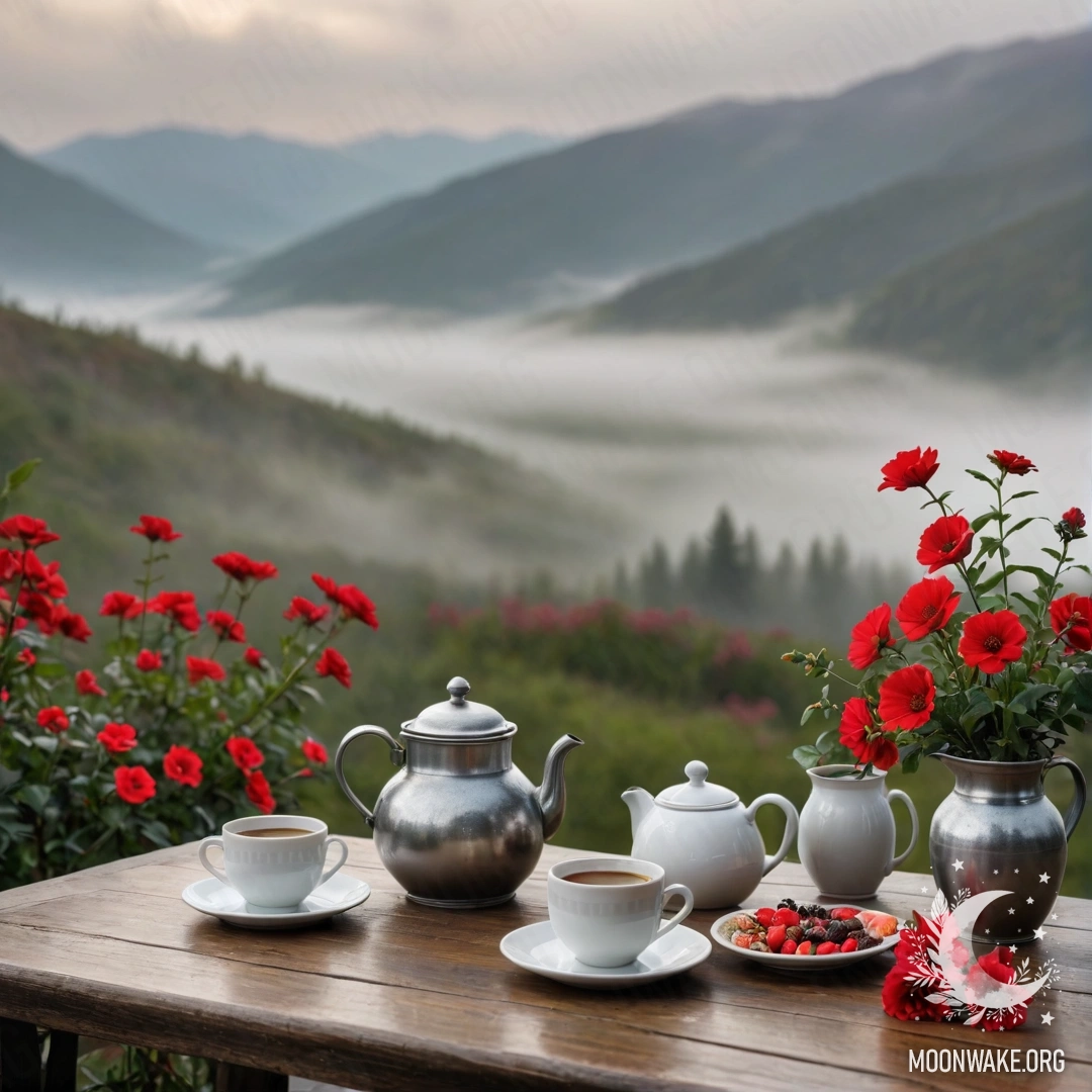 Деревянный стол с красными цветами, кофейником и чашками на фоне гор в тумане.