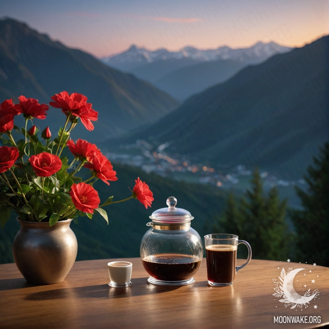 Красивый деревянный стол с красными цветами, кофейником и чашками на фоне гор ночью.