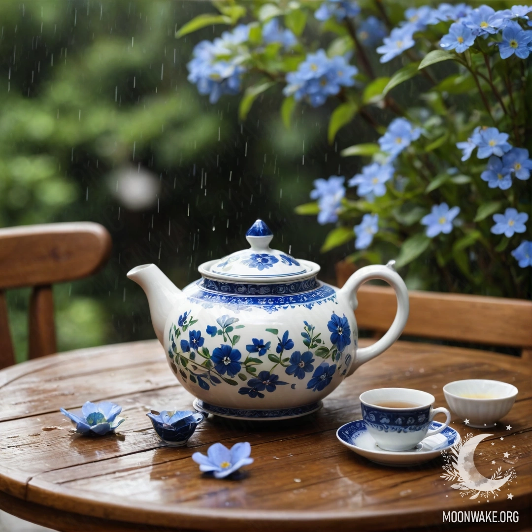 Круглый деревянный стол, украшенный фарфоровым чайником, наполненным синими цветами, нежно окутанным дождем.