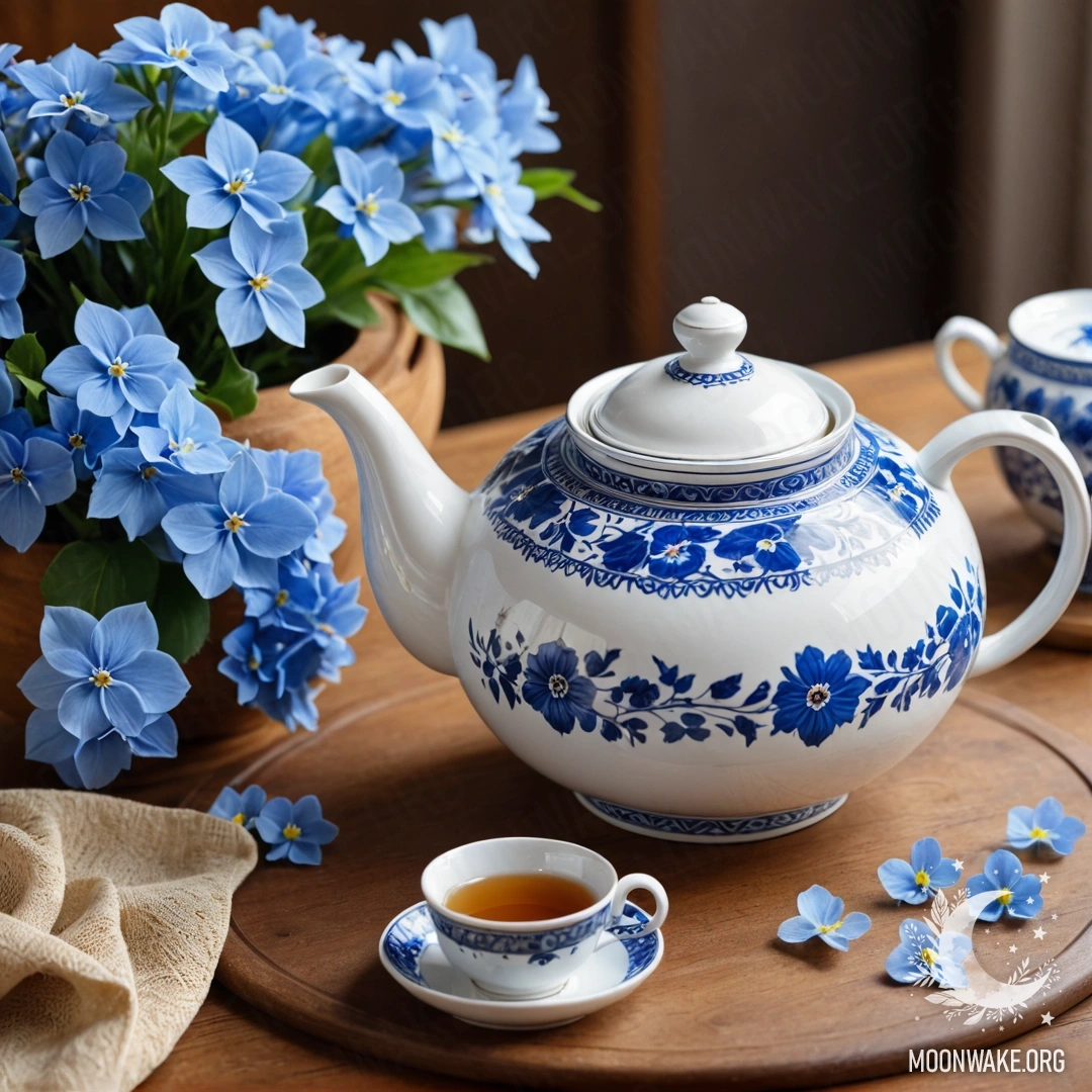 Круглый деревянный стол с фарфоровым чайником и синими цветами внутри.