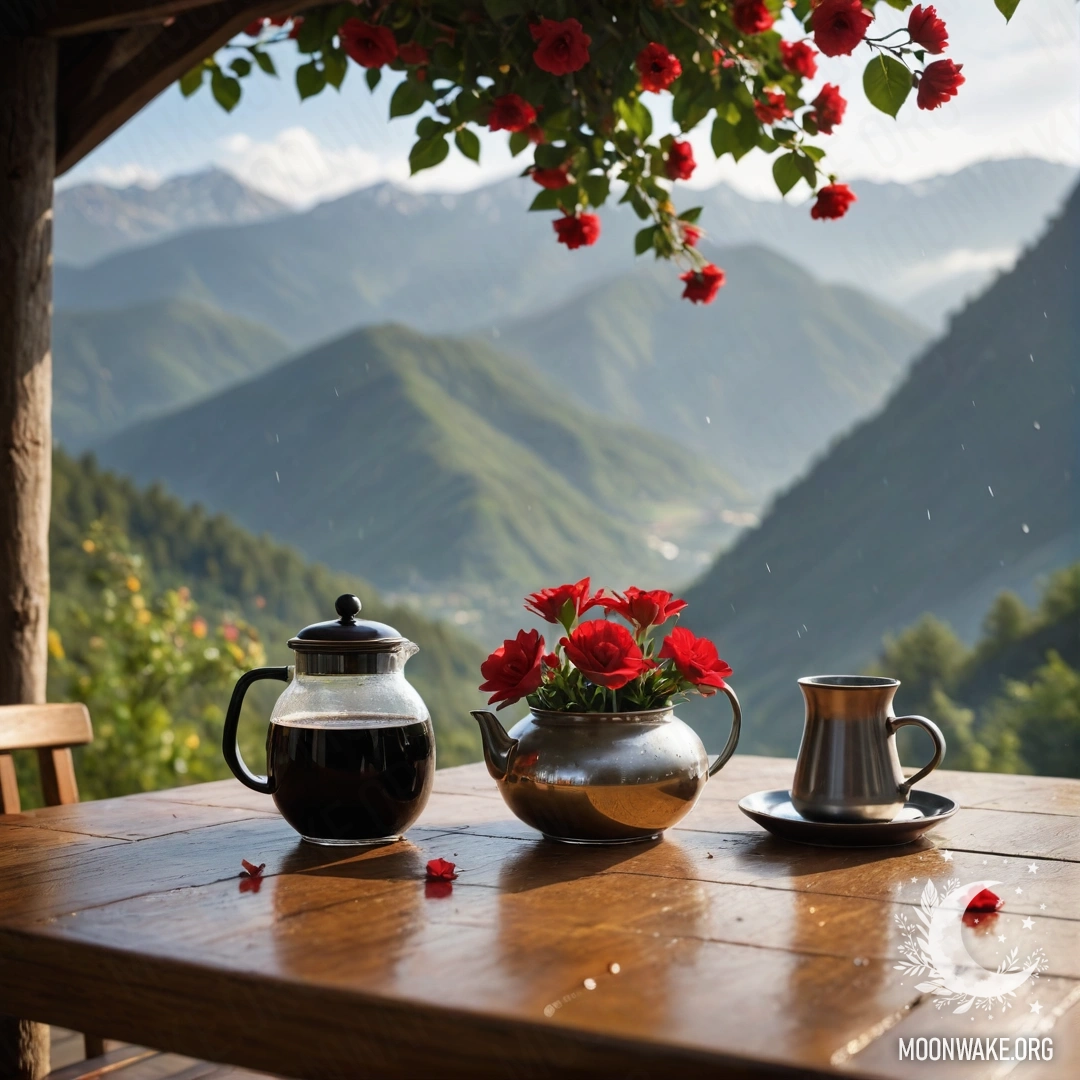 Фотореалистичное изображение деревянного стола с банкой красных цветов, кофейником и чашками на фоне гор под дождем.