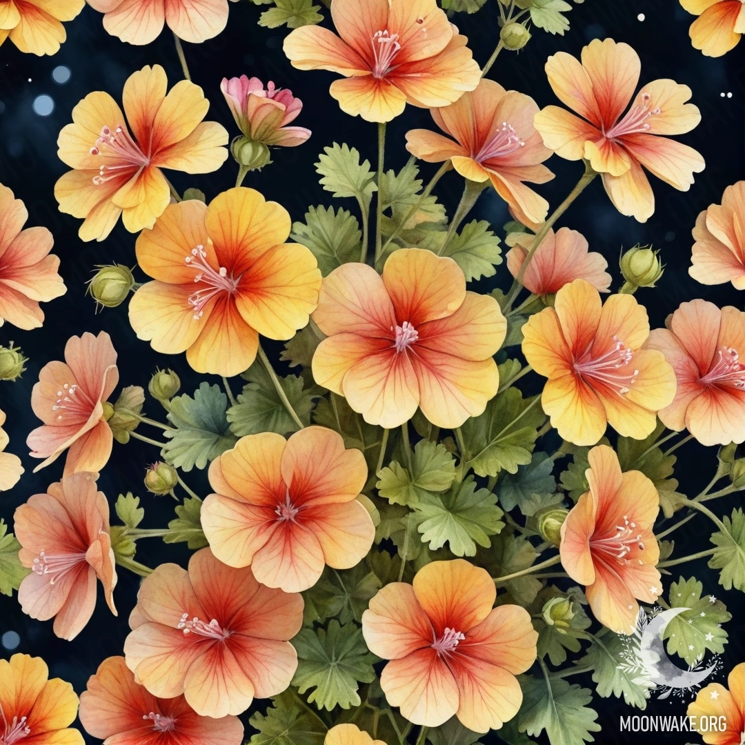 Букет желтых гераний на фоне ночного неба, выполненный в акварельной технике.