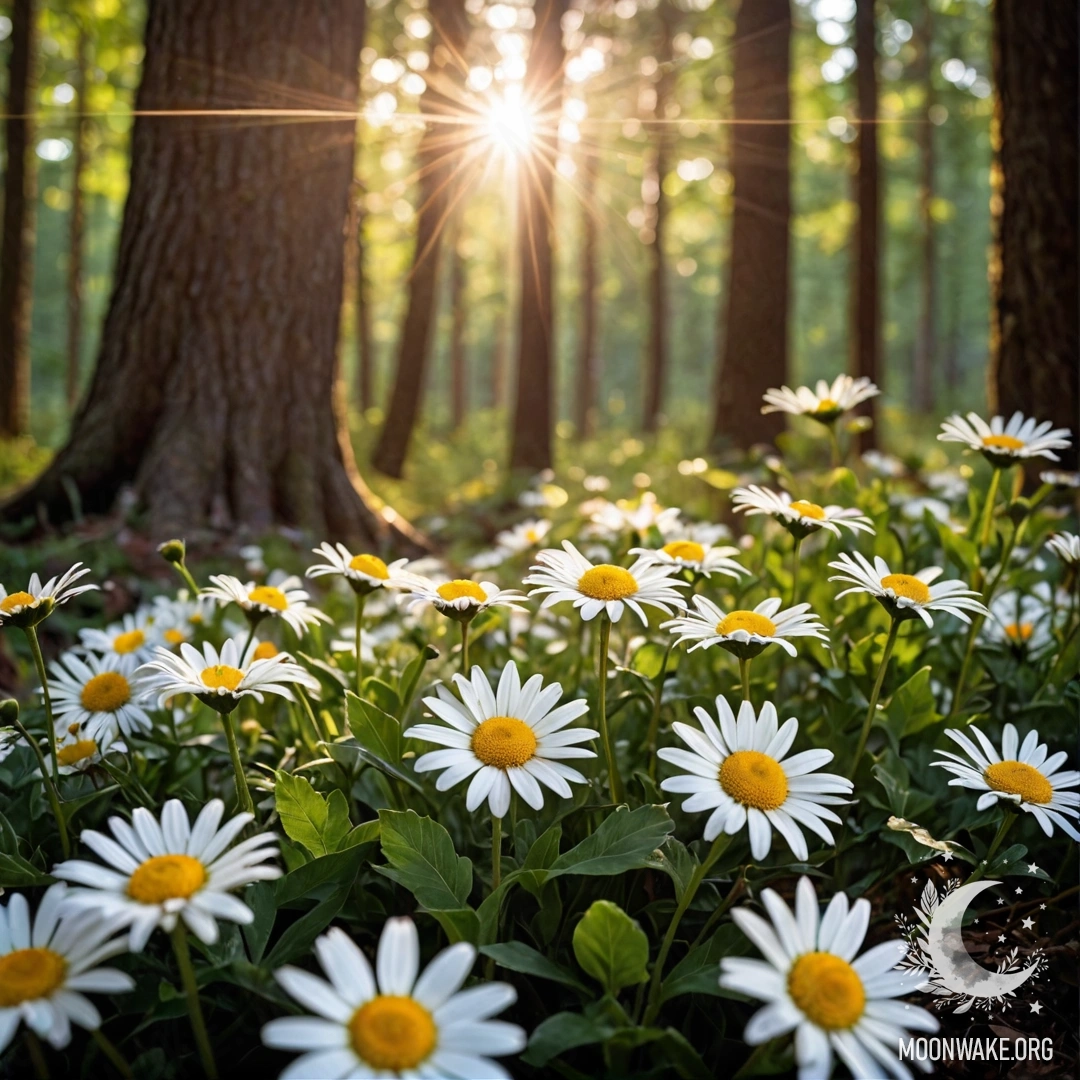 Крупный план ромашек с гирляндой света в лесу на закате