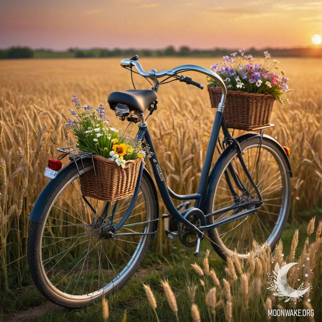 Винтажный велосипед с корзиной для цветов, стоящий на пшеничном поле на закате.